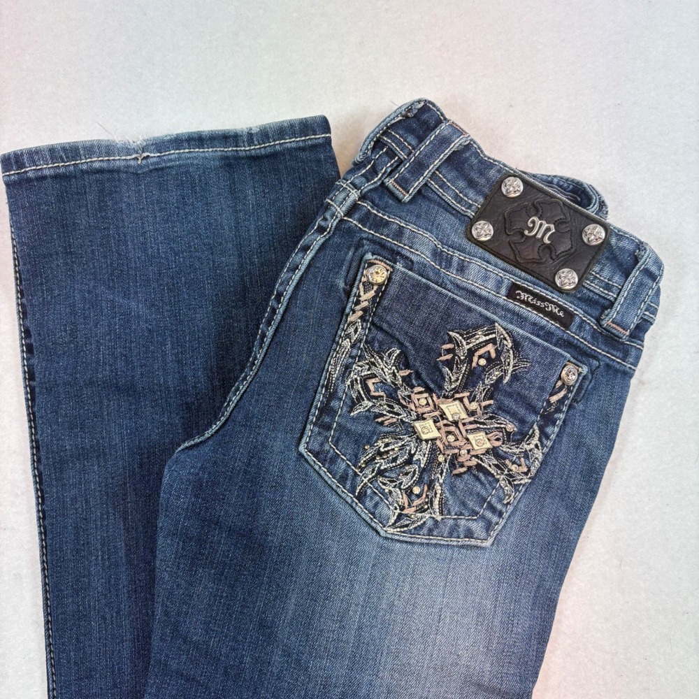 Miss Me Bootcut Jeans Women 29x33 Blue Embroidered Rhinestone Y2K Low Rise Cross